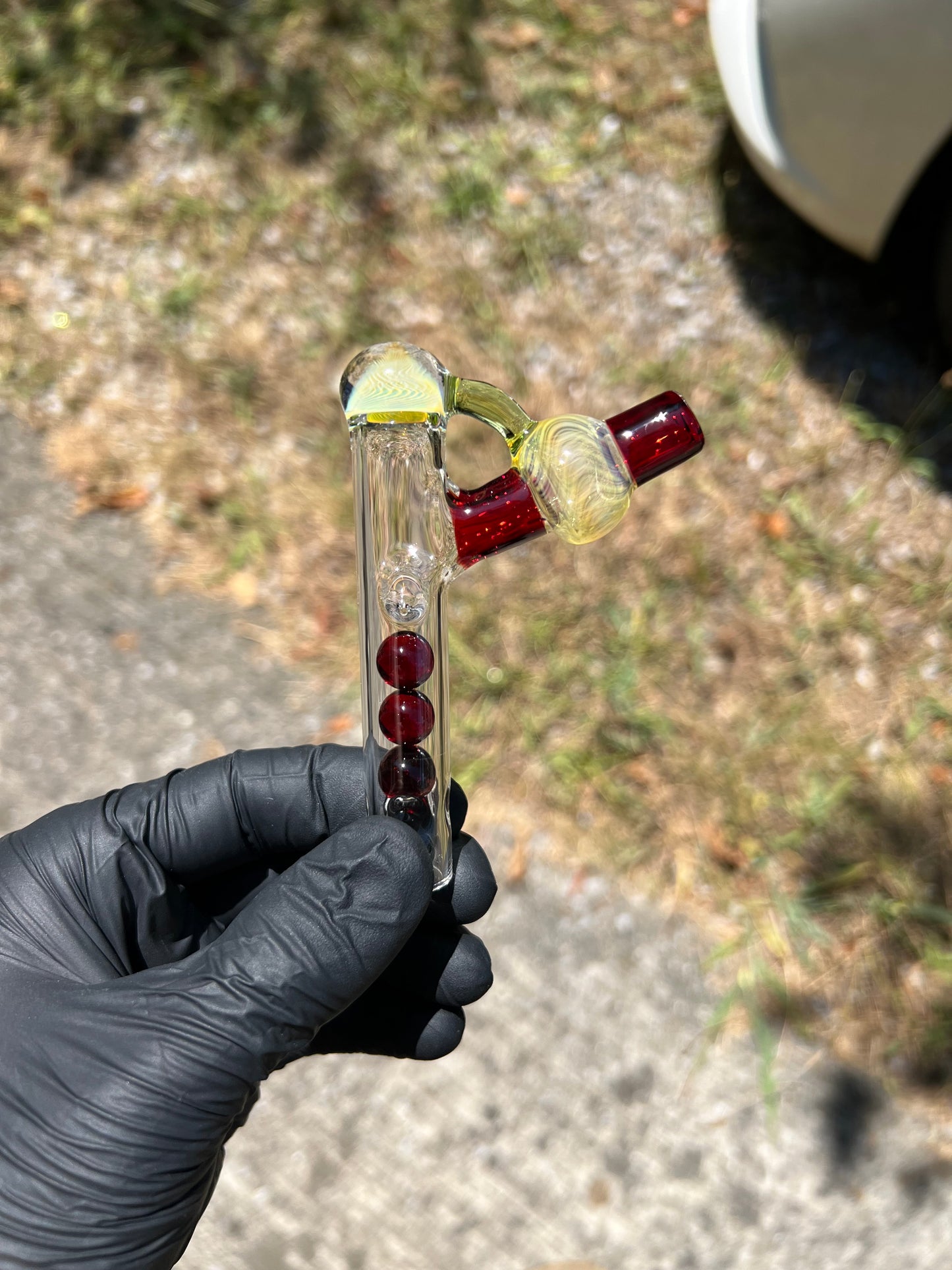 Tinymight Glass 3 Marble Stem implosion- Silver fume/Absinthe/ Red