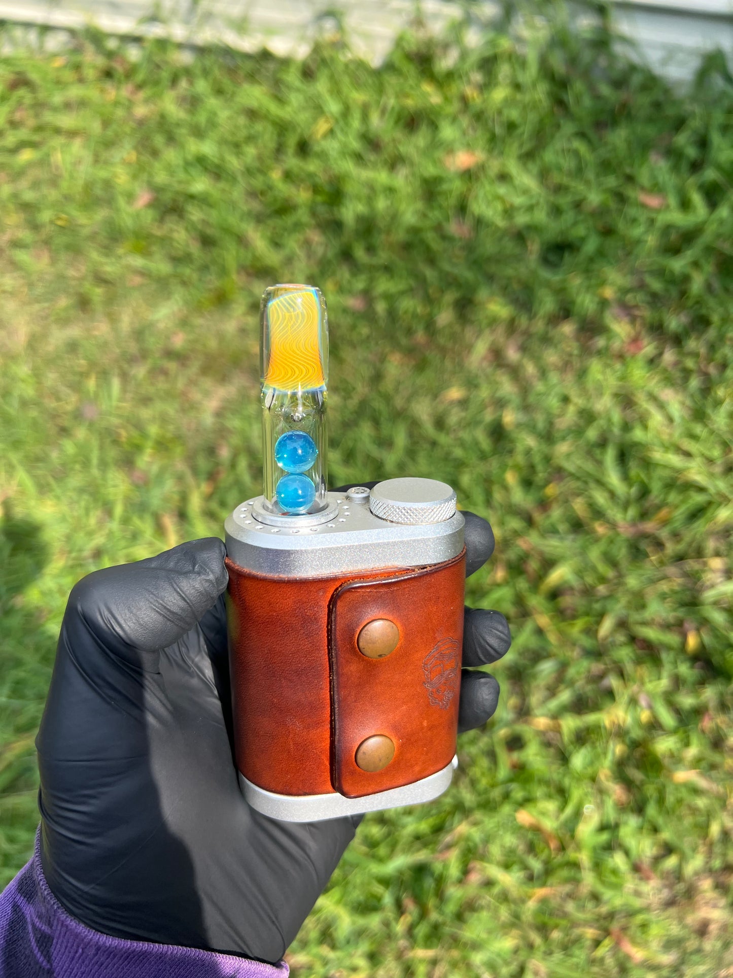 Tinymight Glass 3 Marble Stem w/color mouthpiece - Silver Fume/ Marina