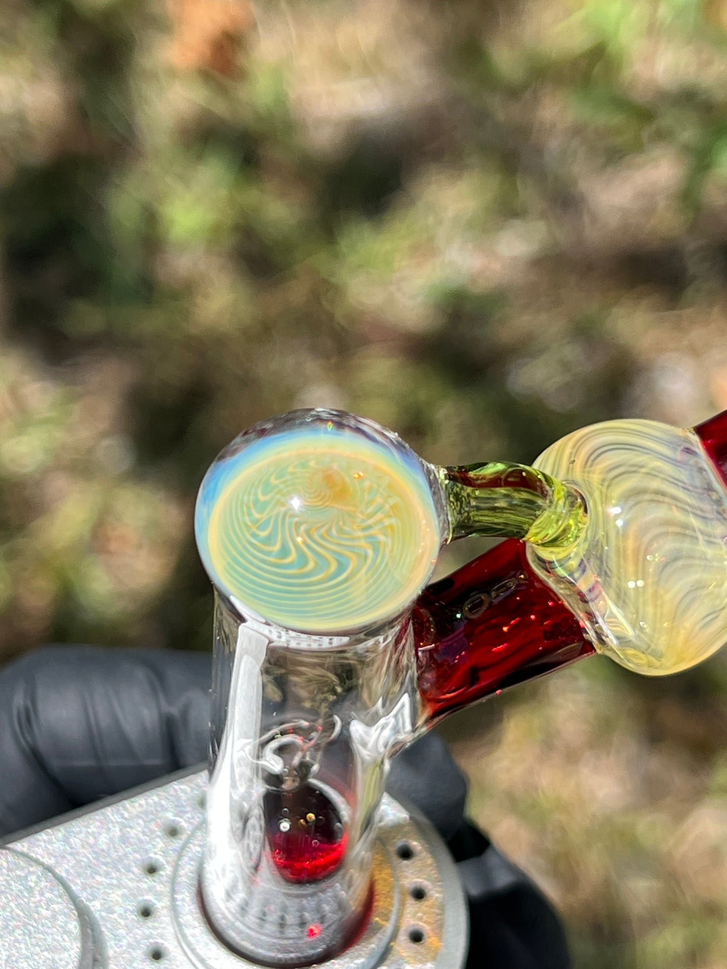 Tinymight Glass 3 Marble Stem implosion- Silver fume/Absinthe/ Red
