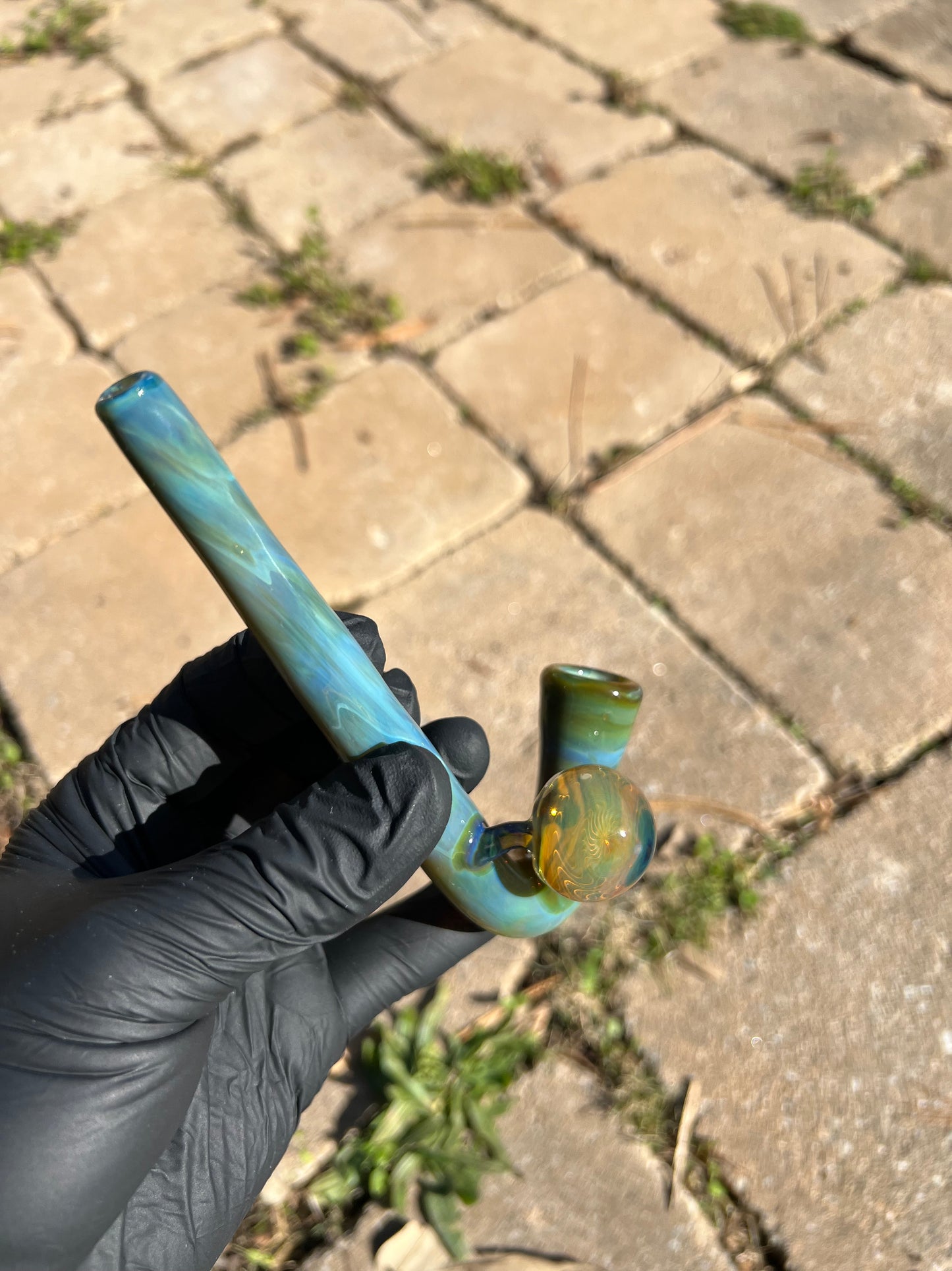 14mm Glass J hook w/ marble - Blue Honey