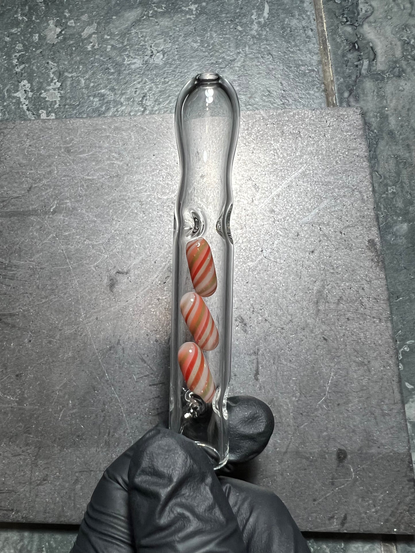 Tinymight Glass 3 Marble Stem w/Blown mouthpiece - Christmas Cane